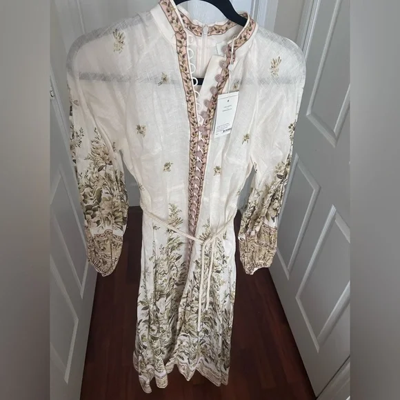 NWT Zimmermann Golden Floral Long Sleeve Buttons Linen Dress 0 US4 - Picture 16 of 17